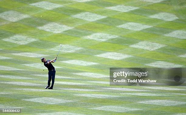 Will Wilcox plays his shot on the first fairway during the first round of the Barracuda Championship at the Montreux Golf and Country Club on June...