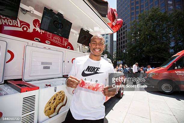 Boston Celtics point guard and NBA All-Star, Isaiah Thomas, celebrates the Good Humor Welcome to Joyhood campaign with fans in Boston on June 30,...