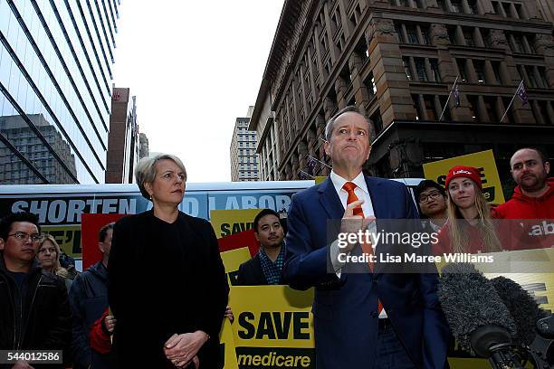 Opposition Leader, Australian Labor Party Bill Shorten speaks as Deputy Leader of the Opposition Tanya Plibersek looks on during a Medicare Rally at...