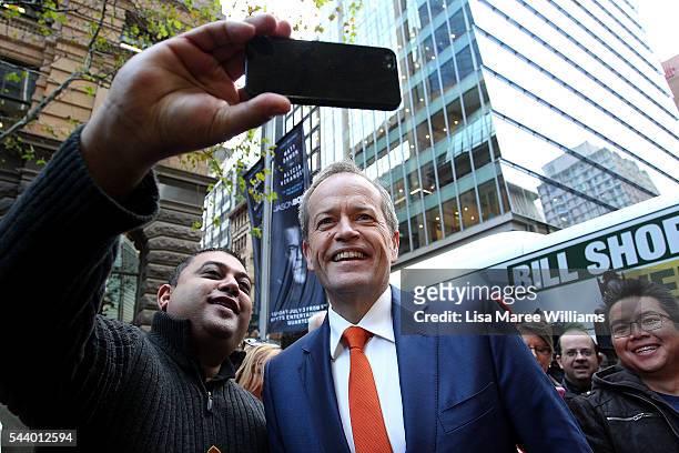 Opposition Leader, Australian Labor Party Bill Shorten takes a photo with a supporter during a Medicare Rally at Martin Place on July 1, 2016 in...