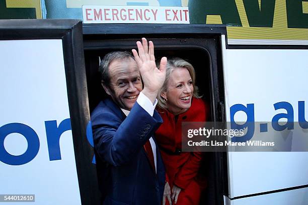 Opposition Leader, Australian Labor Party Bill Shorten and wife Chloe Shorten board the campaign bus following a Medicare Rally at Martin Place on...