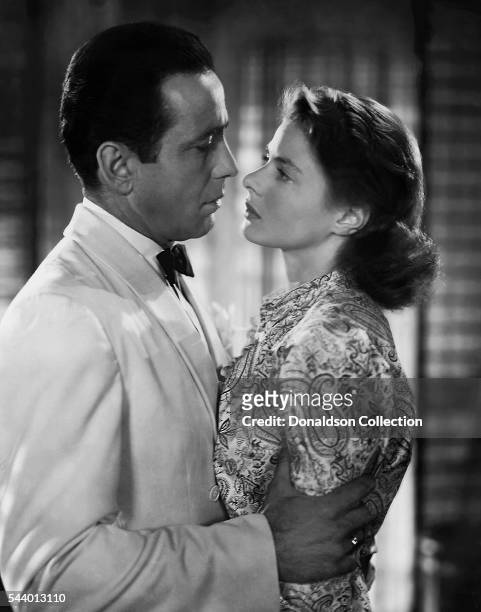 Actors Humphrey Bogart and Ingrid Bergman pose for a publicity still for the Warner Bros film 'Casablanca' in 1942 in Los Angeles, California.