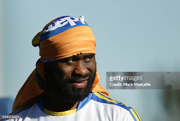 Semi Radradra warms up during a Parramatta Eels training session at the Eels Training Centre on July 1, 2016 in Sydney, Australia.