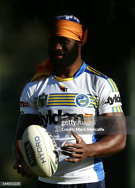 Semi Radradra warms up during a Parramatta Eels training session at the Eels Training Centre on July 1, 2016 in Sydney, Australia.