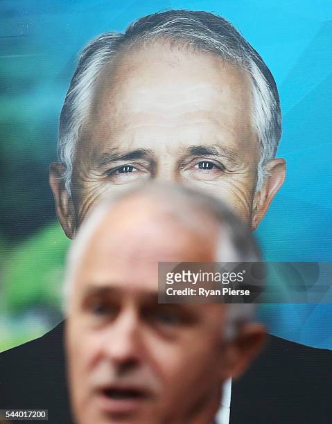 Prime Minister Malcolm Turnbull addresses supporters at Robotic Automation in Newington as he campaigns in the electorate of Reid on July 1, 2016 in...