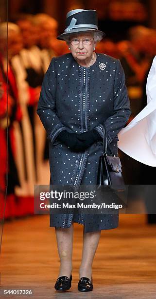 Queen Elizabeth II attends a service on the eve of the centenary of The Battle of The Somme at Westminster Abbey on June 30, 2016 in London, England.