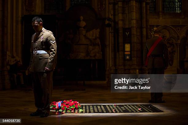 British Military personnel stand at the Grave of the Unknown Warrior during a vigil to commemorate the centenary of the Battle of the Somme at...