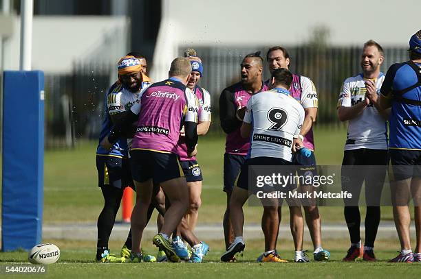 Semi Radradra jokes with teammates during a Parramatta Eels training session at the Eels Training Centre on July 1, 2016 in Sydney, Australia.