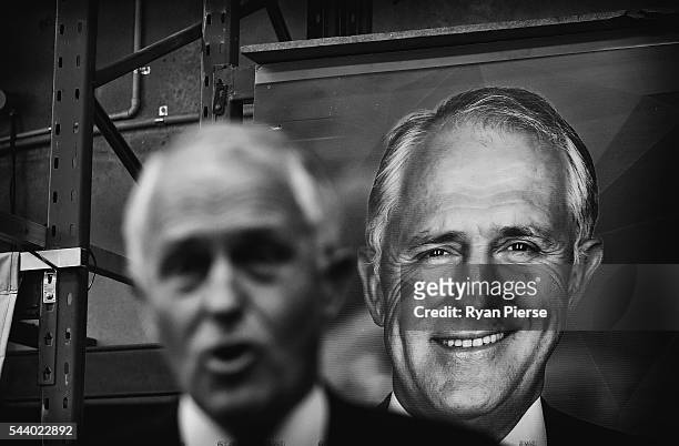 This image was processed using digital filters) Prime Minister Malcolm Turnbull addresses supporters at Robotic Automation in Newington as he...