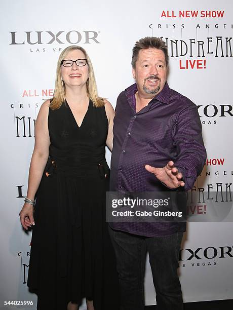 Angie Fiore and her husband, comic ventriloquist and impressionist Terry Fator, attend the world premiere of "Criss Angel Mindfreak Live!" at the...