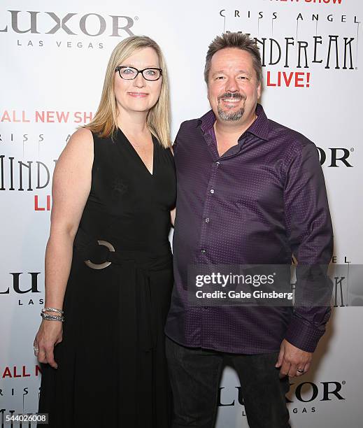 Angie Fiore and her husband, comic ventriloquist and impressionist Terry Fator, attend the world premiere of "Criss Angel Mindfreak Live!" at the...