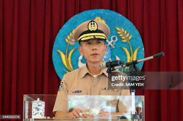 Navy chief of staff lieutenant general Mei Chia-shu speaks during a press conference in Taipei on July 1, 2016. Taiwan's military authorities said a...