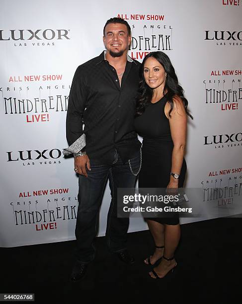 Mixed martial artist Frank Mir and his wife Jennifer Mir attend the world premiere of "Criss Angel Mindfreak Live!" at the Luxor Hotel and Casino on...