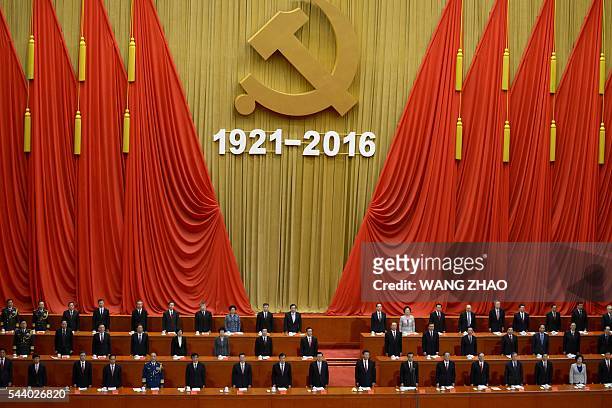 This picture shows a general view of the celebration ceremony of the 95th Anniversary of the Founding of the Communist Party of China at the Great...