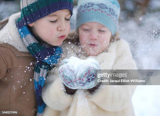 a brother and sister blowing snow towards the camera. - kids playing in snow imagens e fotografias de stock