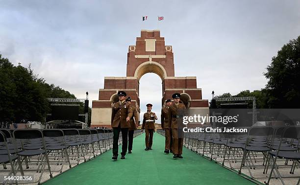 Troops finish an all-night vigil at Thiepval Memorial to the Missing of the Somme during Somme Centenary Commemorations on July 1, 2016 in Thiepval,...