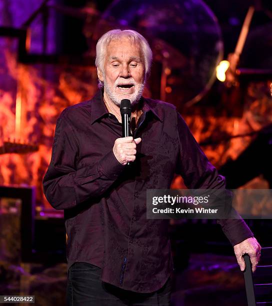 Singer Kenny Rogers performs onstage during his final world tour "The Gambler's Last Deal" at the Civic Arts Plaza on June 30, 2016 in Thousand Oaks,...