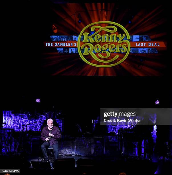 Singer Kenny Rogers performs onstage during his final world tour "The Gambler's Last Deal" at the Civic Arts Plaza on June 30, 2016 in Thousand Oaks,...