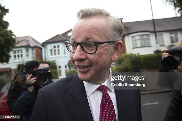 Michael Gove, U.K. Justice secretary, looks on as he leaves his home in London, U.K., on Friday, July 1, 2016. Hours after his announcement, Gove...