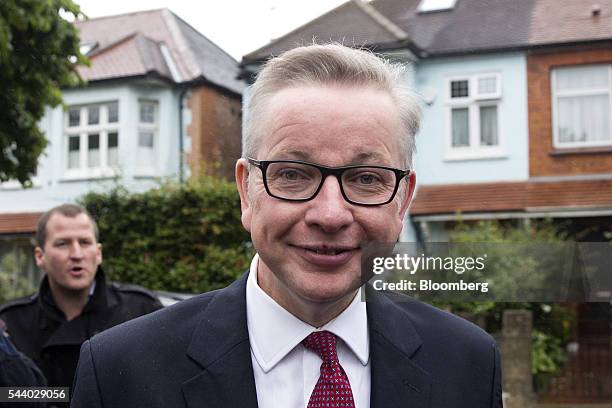 Michael Gove, U.K. Justice secretary, reacts as he leaves his home in London, U.K., on Friday, July 1, 2016. Hours after his announcement, Gove used...