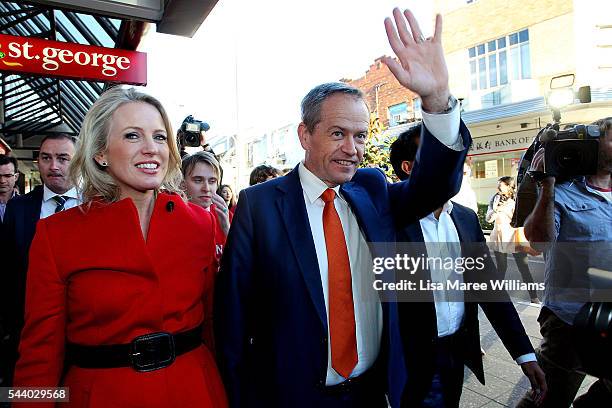 Opposition Leader, Australian Labor Party Bill Shorten and wife Chloe Shorten meet locals during a street walk in Hurstville on July 1, 2016 in...