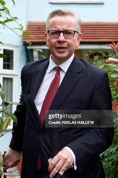 Britain's Justice Minister Michael Gove leaves his home in London on July 1, 2016. - A bespectacled intellectual with a low-key public image, Michael...