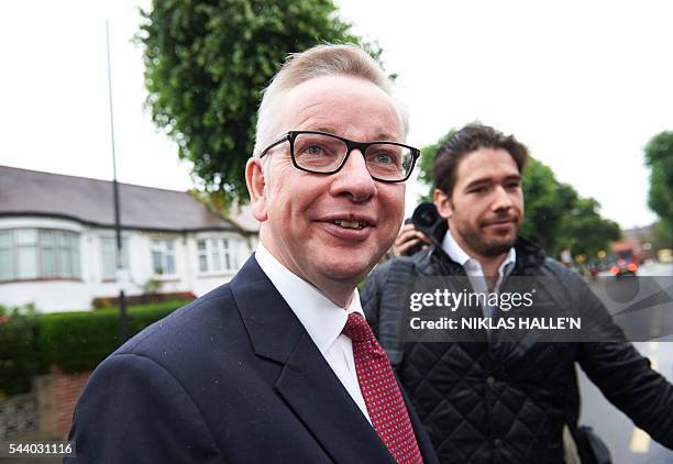 Britain's Justice Minister Michael Gove leaves his home in London on July 1, 2016. A bespectacled intellectual with a low-key public image, Michael...