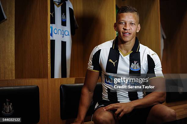 New signing Dwight Gale poses for a photograph in the Home Dressing room wearing the New NUFC 2016/17 Kit at St.James' Park on June 30, 2016 in...