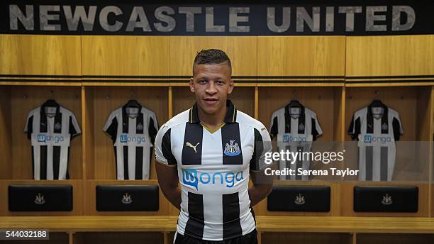 New signing Dwight Gale poses for a photograph in the Home Dressing room wearing the New NUFC 2016/17 Kit at St.James' Park on June 30, 2016 in...