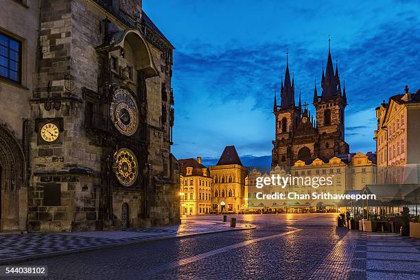 old town square and tyn church , prague, czech republic - prague clock stock pictures, royalty-free photos & images