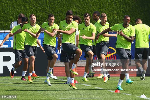 Emre Can, Mario Goetze, Mesut Oezil, Sami Khedira, Leroy Sane, Julian Weigl, Joshua Kimmich and Jerome Boateng of Germany during a Germany training...