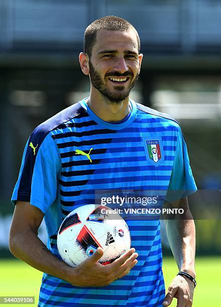 Italy's defender Leonardo Bonucci smiles during a training session at the team's training ground in Montpellier on July 1 on the eve of the Euro 2016...