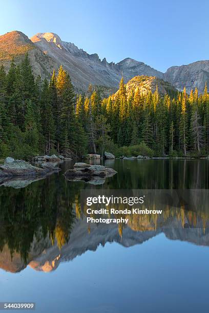 long's peak reflection in bear lake - rocky mountain national park ストックフォトと画像