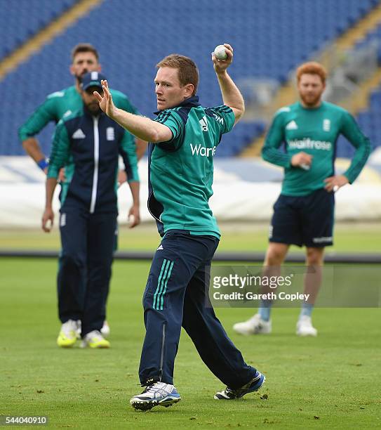 England captain Eoin Morgan throws during a nets session at SWALEC Stadium on July 1, 2016 in Cardiff, England.