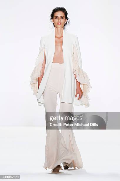 Model walks the runway at the Lana Mueller show during the Mercedes-Benz Fashion Week Berlin Spring/Summer 2017 at Erika Hess Eisstadion on July 1,...