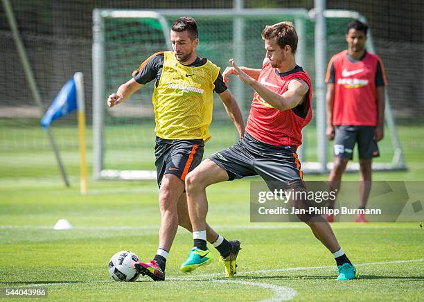 Vedad Ibisevic, Sebastian Langkamp of Hertha BSC during the training session at Schenkendorfplatz on July 01, 2016 in Berlin, Germany.