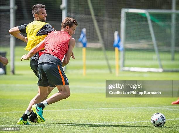 Vedad Ibisevic, Sebastian Langkamp of Hertha BSC during the training session at Schenkendorfplatz on July 01, 2016 in Berlin, Germany.