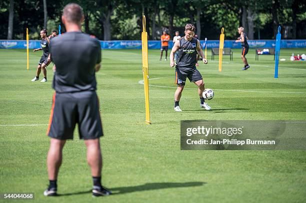 Pal Dardai, Alexander Baumjohann of Hertha BSC during the training session at Schenkendorfplatz on July 01, 2016 in Berlin, Germany.