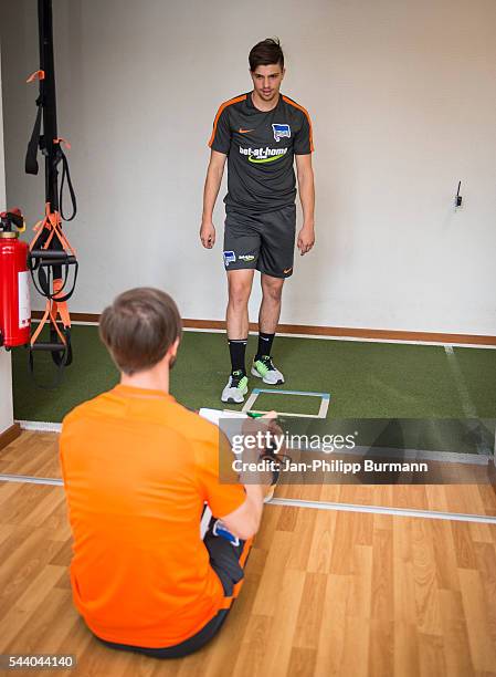 Hendrik Vieth, Nikos Zografakis of Hertha BSC during the training session at Schenkendorfplatz on July 01, 2016 in Berlin, Germany.