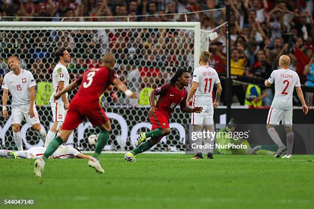 Renato Sanches celebrates after scoring during the UEFA EURO 2016 quarter final match between Poland and Portugal at Stade Velodrome on June 30, 2016...