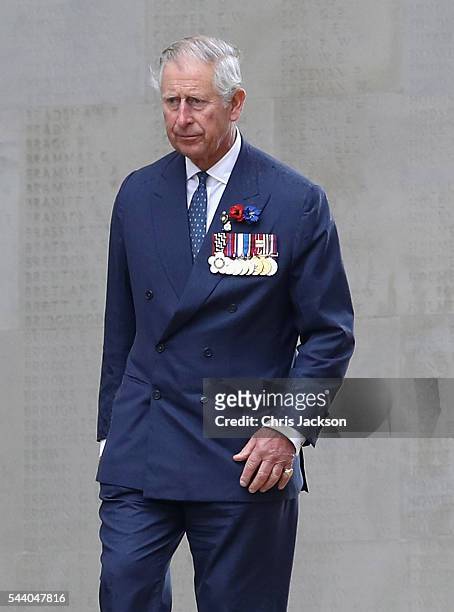 Prince Charles, Prince of Wales walks past names on the Thiepval Memorial during Somme Centenary Commemorations on July 1, 2016 in Thiepval, France....