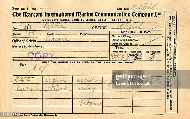 Message sent from Titanic, as received by Celtic, ‘CQD require assistance position 41.46 N 50.14 W struck iceberg Titanic'. ‘CQD' was the...