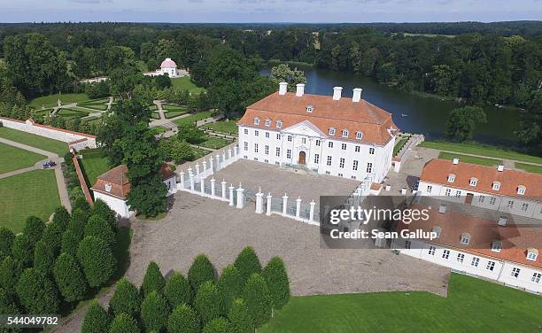 In this aerial view Schloss Meseberg palace stands on July 1, 2016 in Meseberg near Gransee, Germany. Schloss Meseberg is the German government guest...