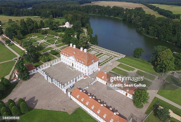 In this aerial view Schloss Meseberg palace stands on July 1, 2016 in Meseberg near Gransee, Germany. Schloss Meseberg is the German government guest...