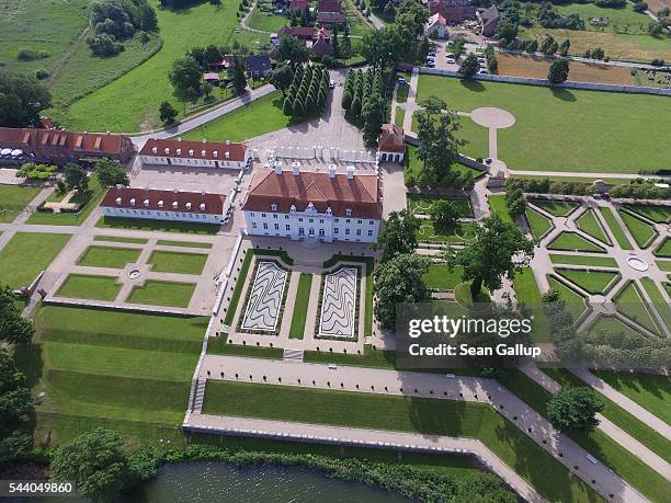 In this aerial view Schloss Meseberg palace stands on July 1, 2016 in Meseberg near Gransee, Germany. Schloss Meseberg is the German government guest...