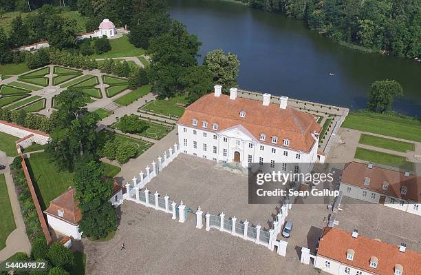 In this aerial view Schloss Meseberg palace stands on July 1, 2016 in Meseberg near Gransee, Germany. Schloss Meseberg is the German government guest...