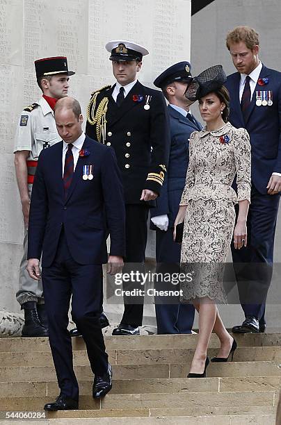 Prince William, Duke of Cambridge, Catherine, Duchess of Cambridge and Prince Harry during Somme Centenary Commemorations on July 1, 2016 in...