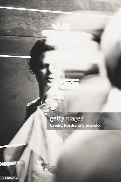 Model is seen backstage ahead the Lana Mueller show during the Mercedes-Benz Fashion Week Berlin Spring/Summer 2017 at Erika Hess Eisstadion on July...