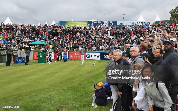 Rory McIlroy of Northern Ireland tees off on the first hole during day two of the 100th Open de France at Le Golf National on July 1, 2016 in Paris,...