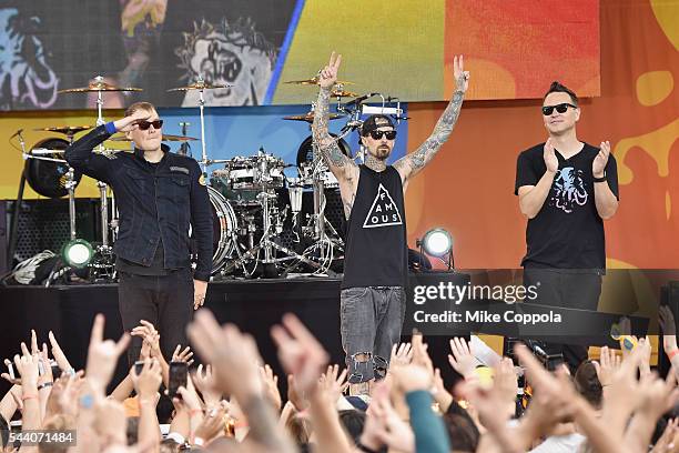 Matt Skiba, Travis Barker, and Mark Hoppus of the band Blink 182 performs on ABC's "Good Morning America" at SummerStage at Rumsey Playfield, Central...